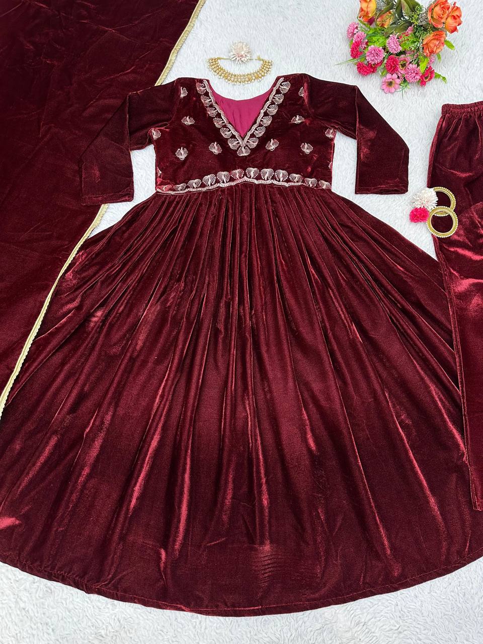 Radiant Maroon Color Ready Made Velvet Salwar Suit For Women