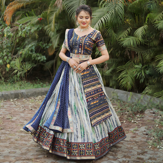 Wonderful Royal Blue Color Cotton Embroidered Digital Printed Work Lehenga Choli