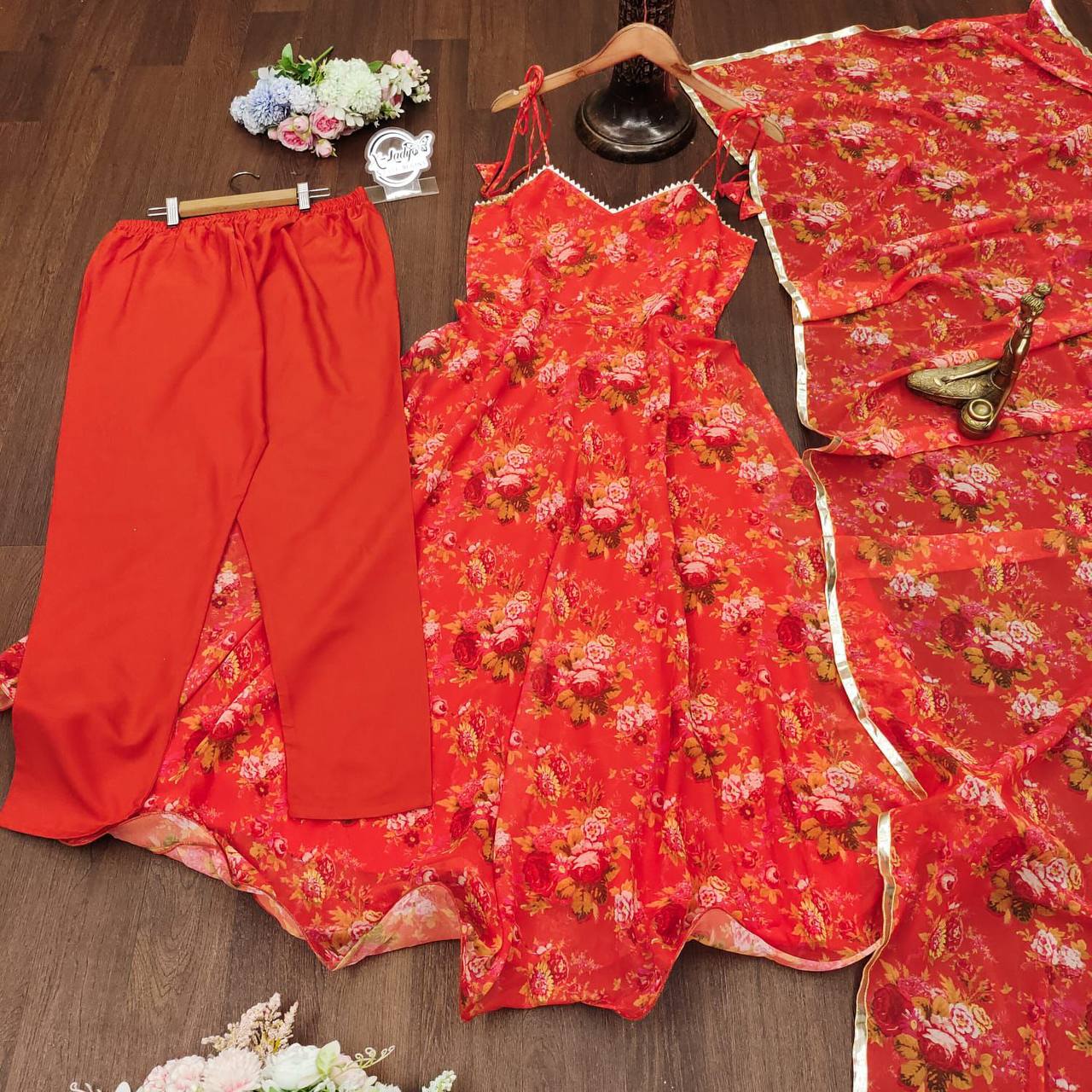 Demanding Red Color Georgette Flower Printed Salwar Suit