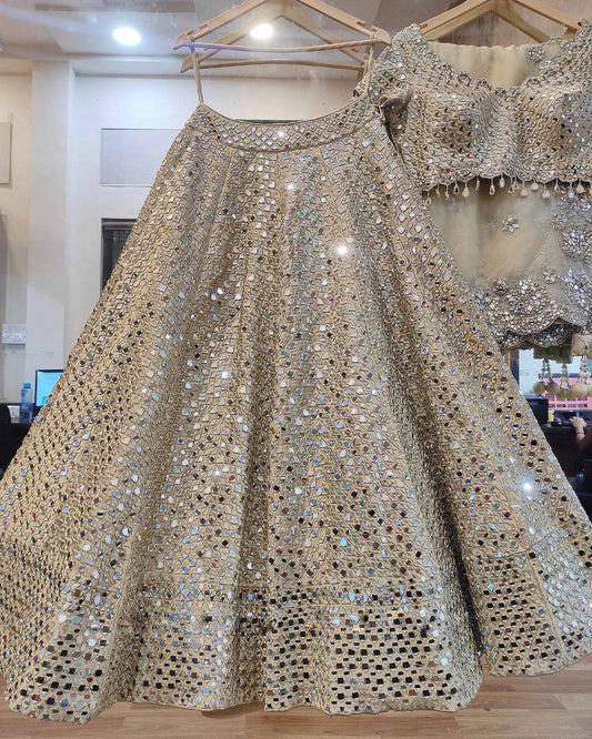 Lovely Cream Color Mono Satin Silk Real Mirror Embroidered Work Lehenga Choli