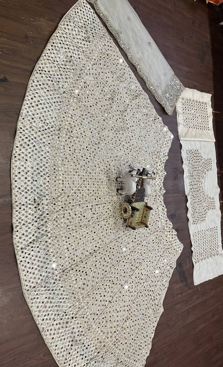 Lovely Cream Color Mono Satin Silk Real Mirror Embroidered Work Lehenga Choli