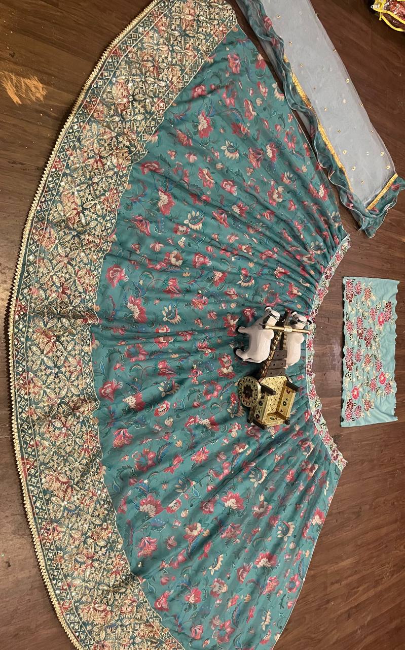 Aqua Blue Color Sequence Embroidered Work Georgette Wedding Wear Lehenga Choli