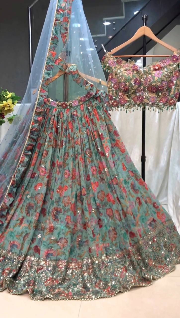 Aqua Blue Color Sequence Embroidered Work Georgette Wedding Wear Lehenga Choli