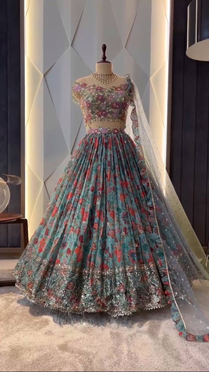 Aqua Blue Color Sequence Embroidered Work Georgette Wedding Wear Lehenga Choli