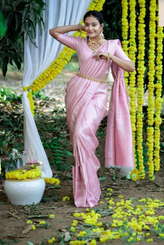 Beautiful Pink Color Designer Rich Pallu Lichi silk saree Blouse