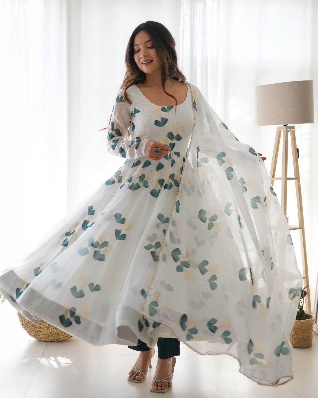 White Designer Anarkali For Women, Floral Anarkali Dress