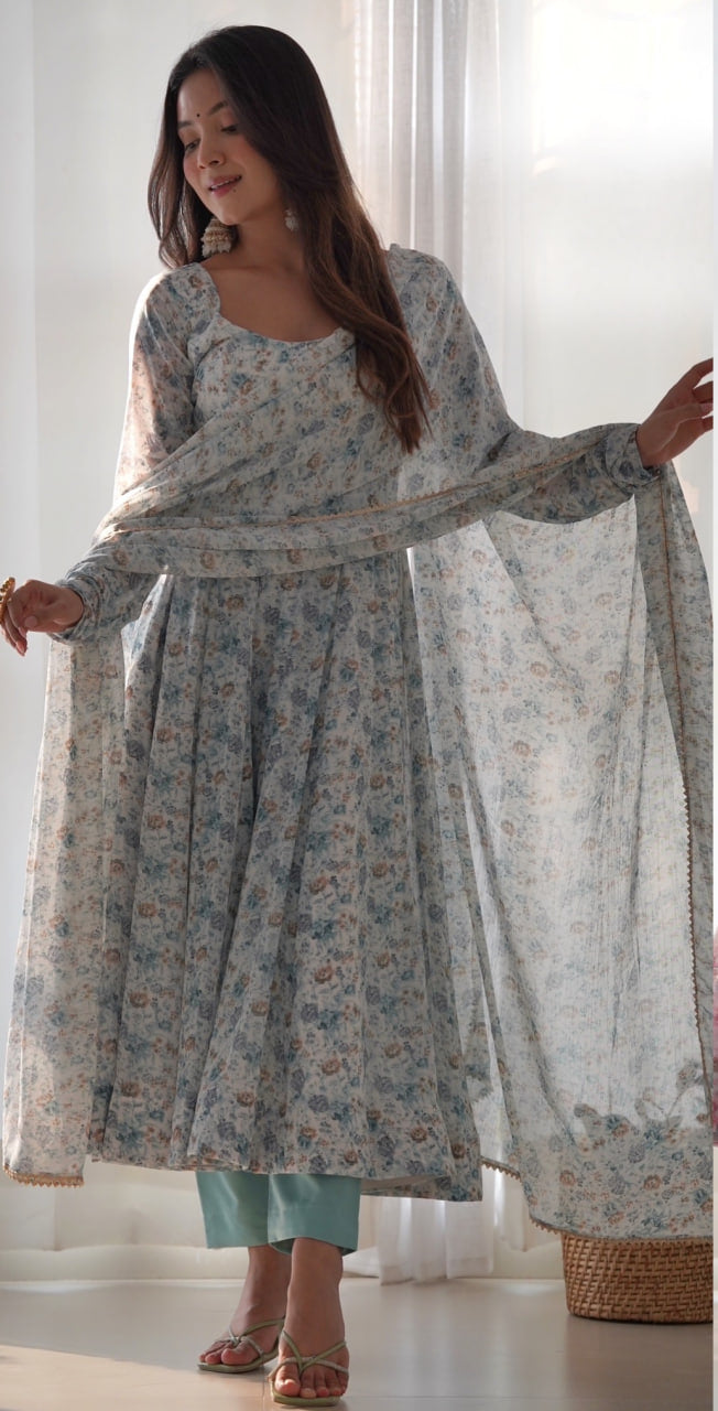 Party Wear Chiffon Organza Floral Printed Ready Made Suit