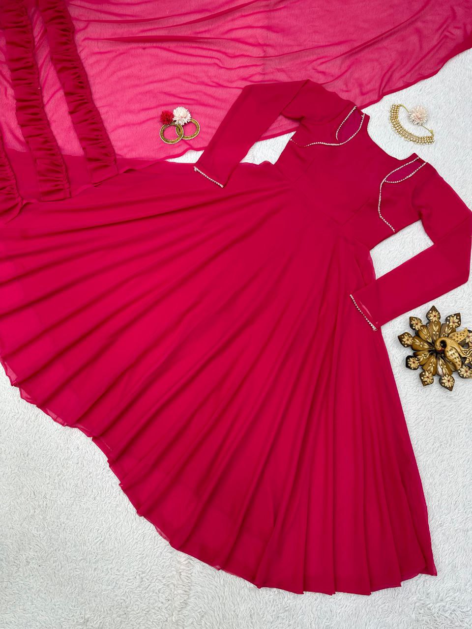 Elegant Anarkali Gown With Lace Border Dupatta