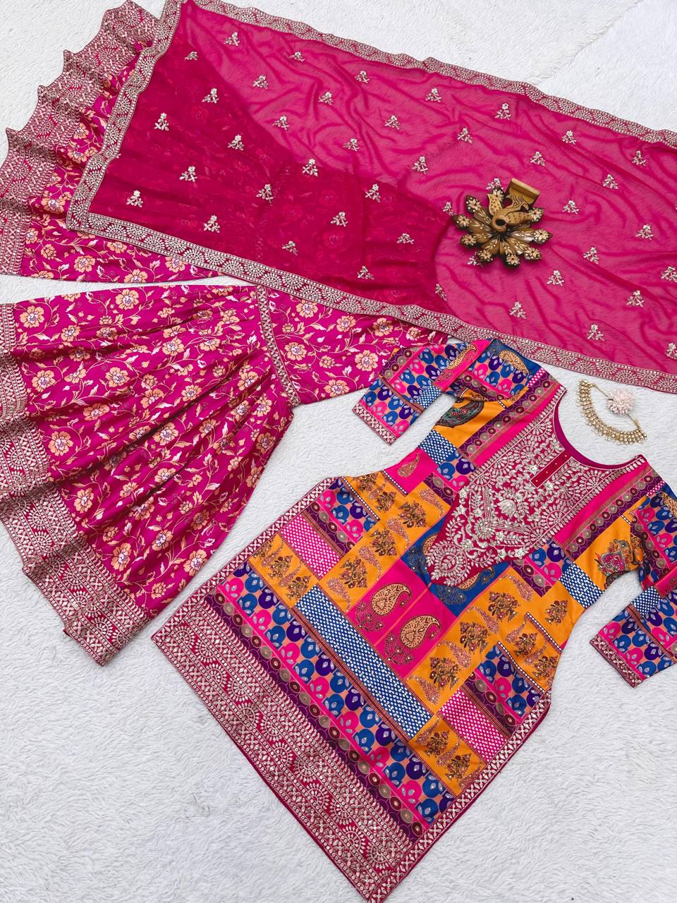 Pretty Pink Color Sequence Thread Work Crape Silk Sharara Suit