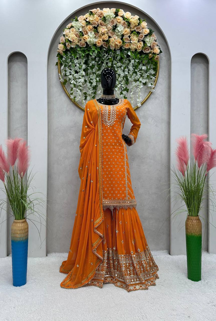 Magnetic Orange Color Sequence Thread Work Georgette Sharara