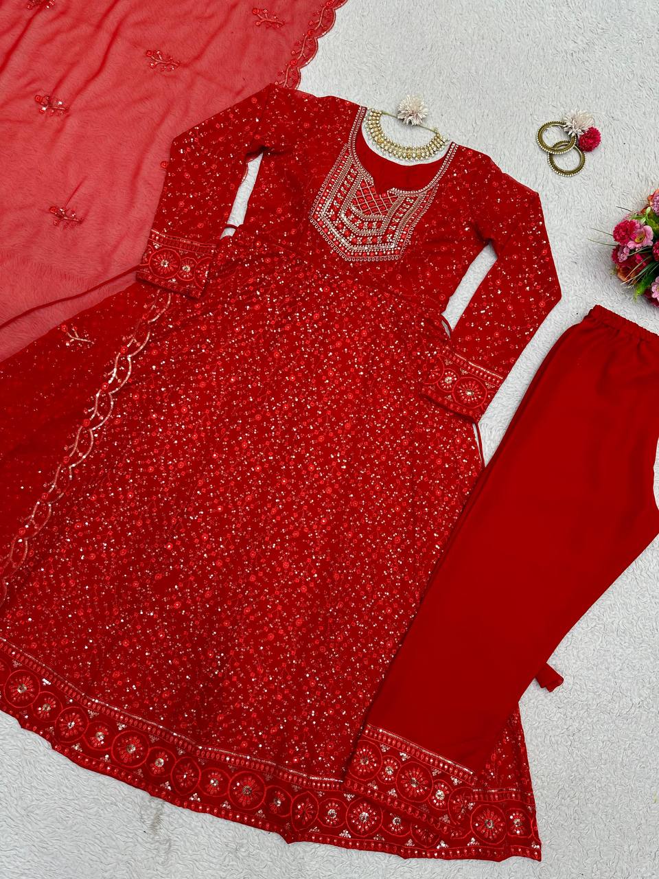 Lovely Georgette Thread Sequence Work Ready Made Salwar Suit For Women