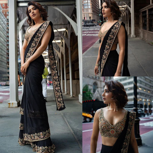 Beautiful Designer Black Color Ruffle Saree with Thread & 9MM Sequence work