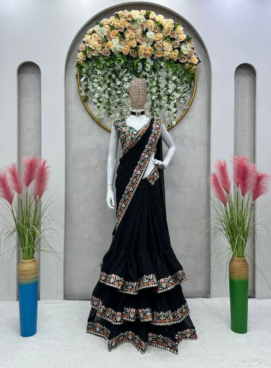 Beautiful Designer Black Color Ruffle Saree with Thread & 9MM Sequence work