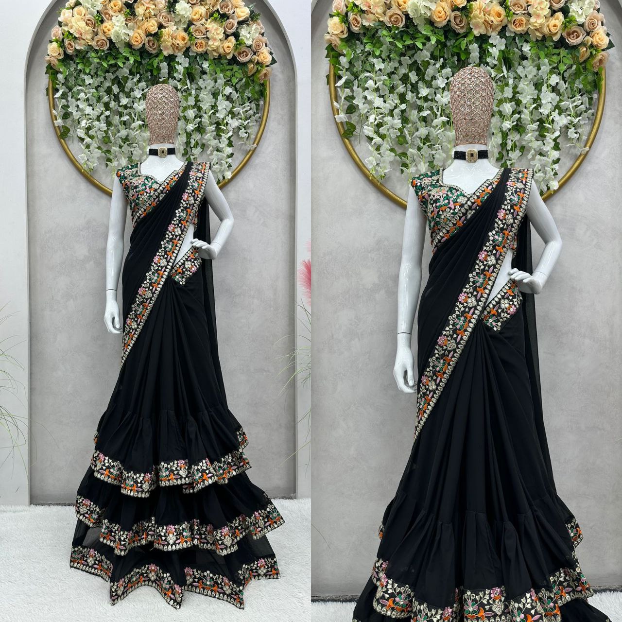 Beautiful Designer Black Color Ruffle Saree with Thread & 9MM Sequence work