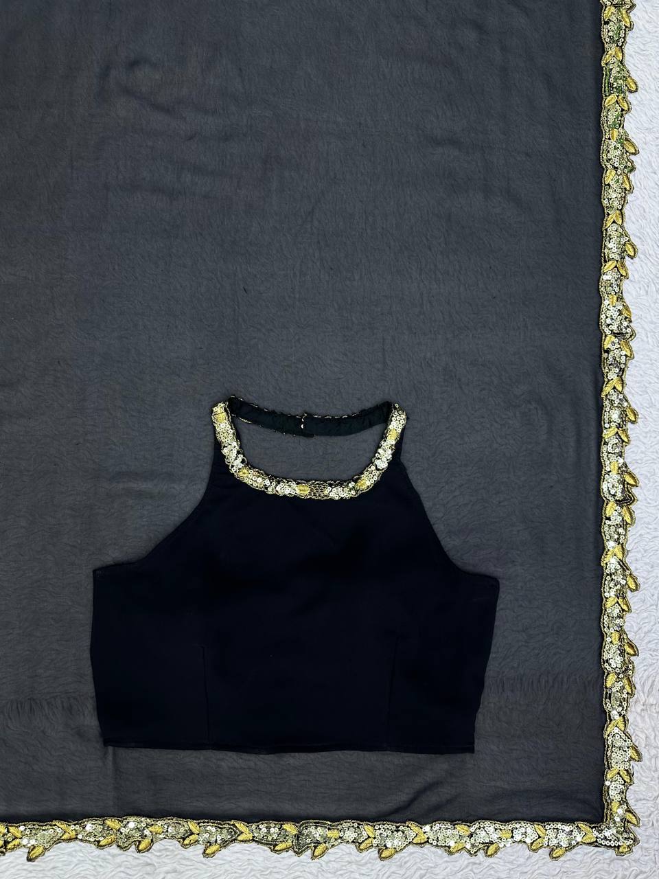 Stylish Black Color Thread Sequence Work Georgette Saree Blouse