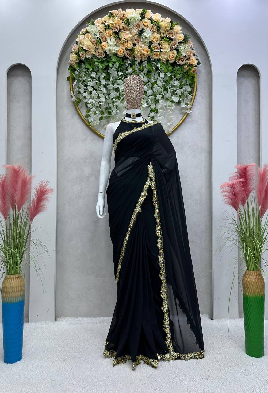 Stylish Black Color Thread Sequence Work Georgette Saree Blouse