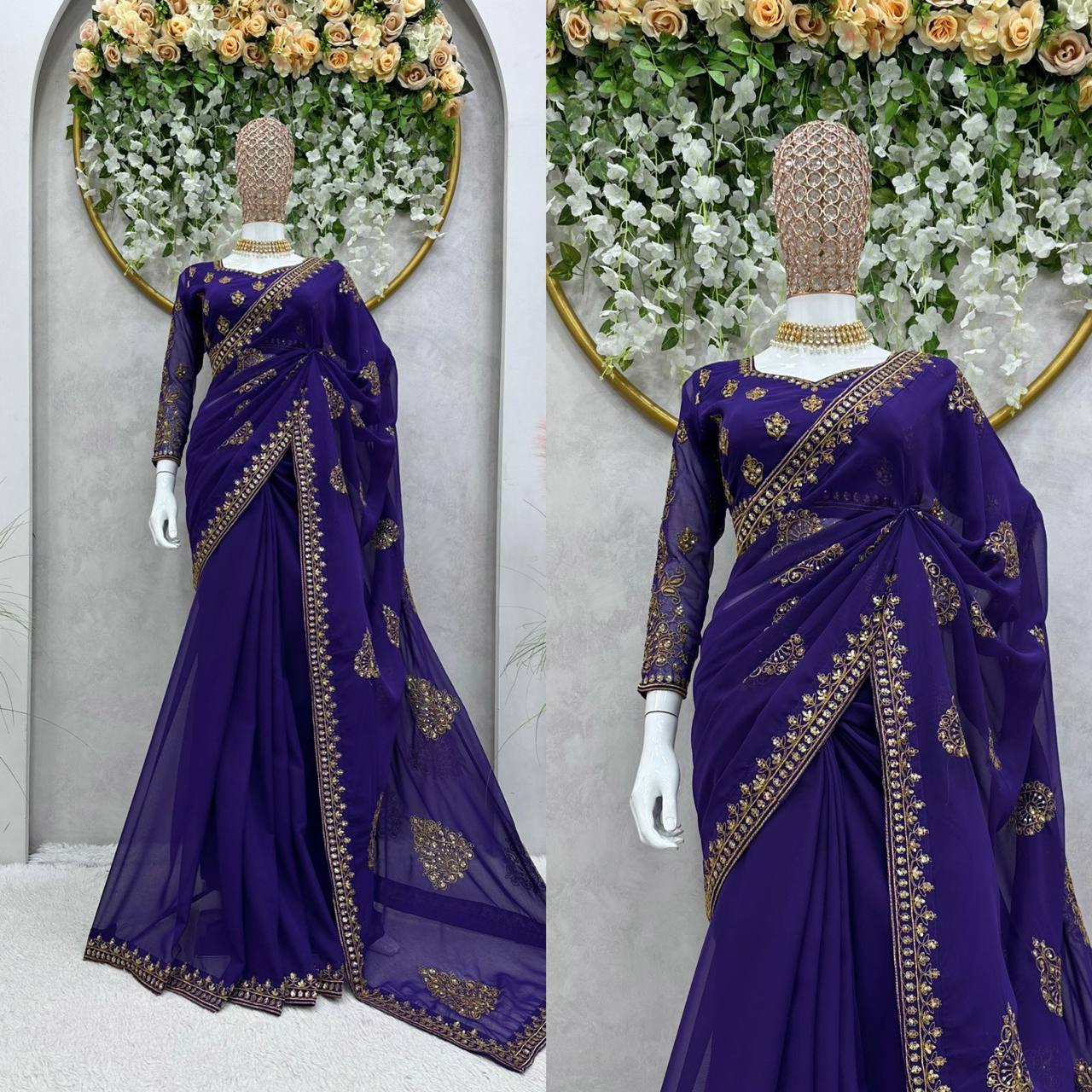 Attractive Violet Color Georgette Sequence Thread Work Saree Blouse