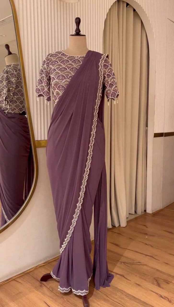Designer Wine Color Ready to Wear Sequence Work Georgette Saree Blouse