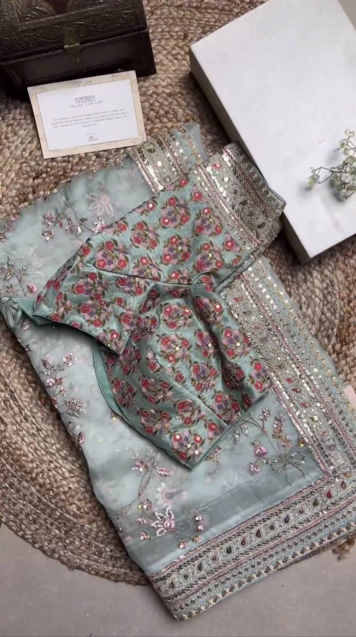 Amazing Sea Green Color Sequence Work Organza Silk Saree Blouse