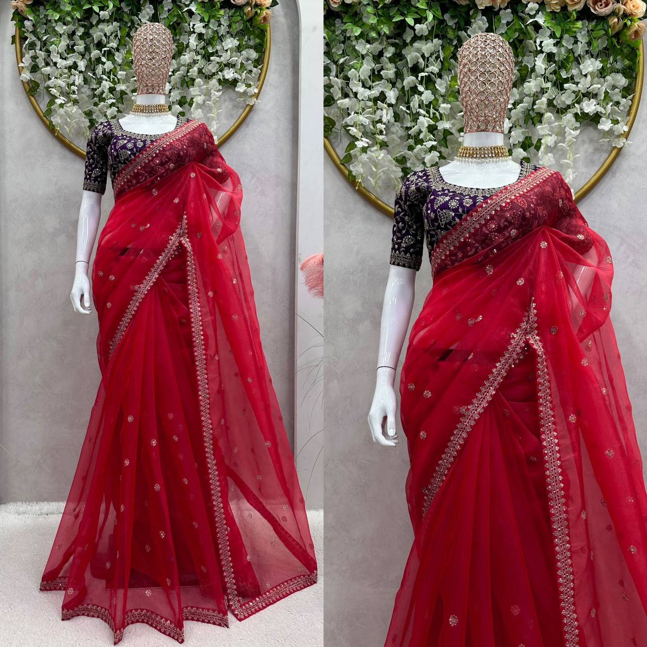 Pretty Red Color Organza Silk Thread Sequence Work Saree Blouse