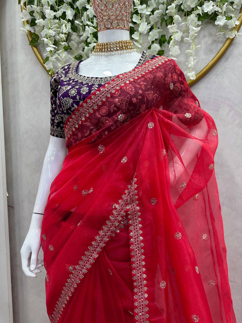 Pretty Red Color Organza Silk Thread Sequence Work Saree Blouse