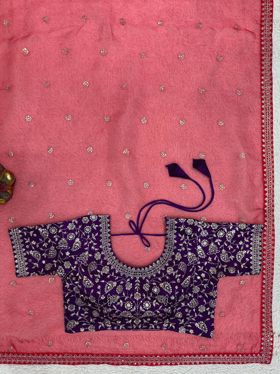 Pretty Red Color Organza Silk Thread Sequence Work Saree Blouse