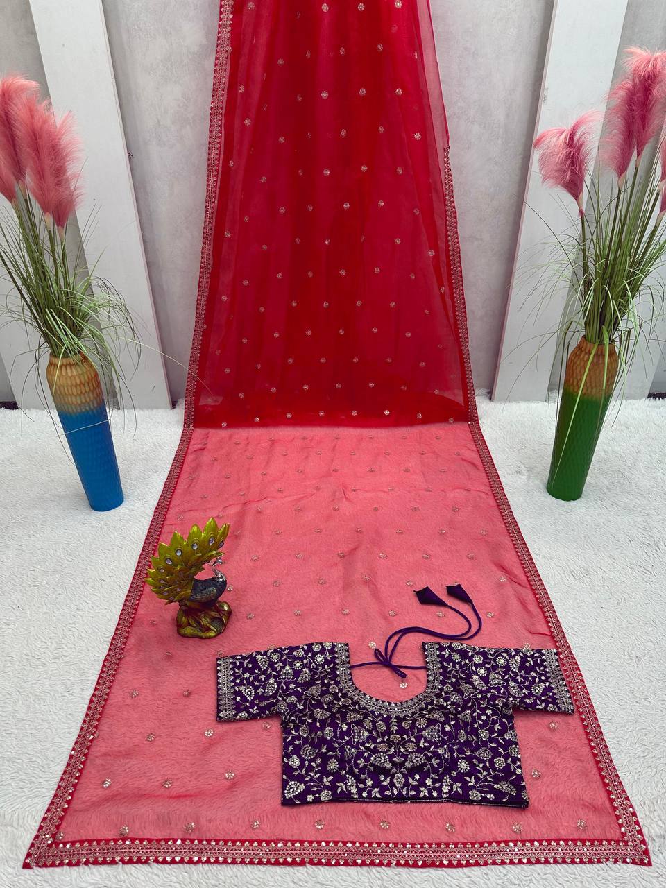 Pretty Red Color Organza Silk Thread Sequence Work Saree Blouse