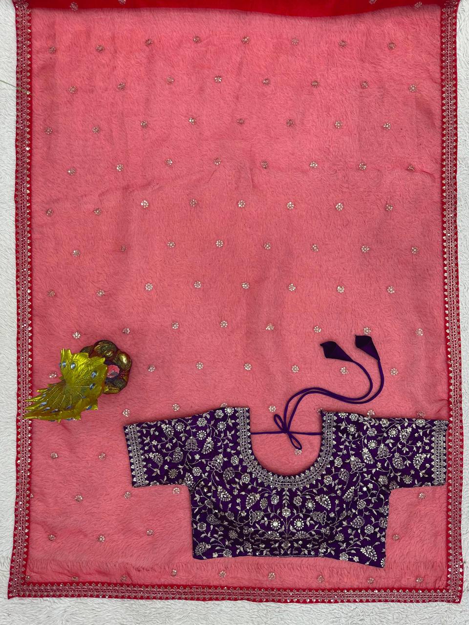 Pretty Red Color Organza Silk Thread Sequence Work Saree Blouse