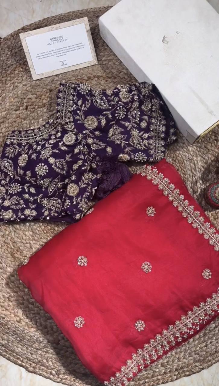 Pretty Red Color Organza Silk Thread Sequence Work Saree Blouse