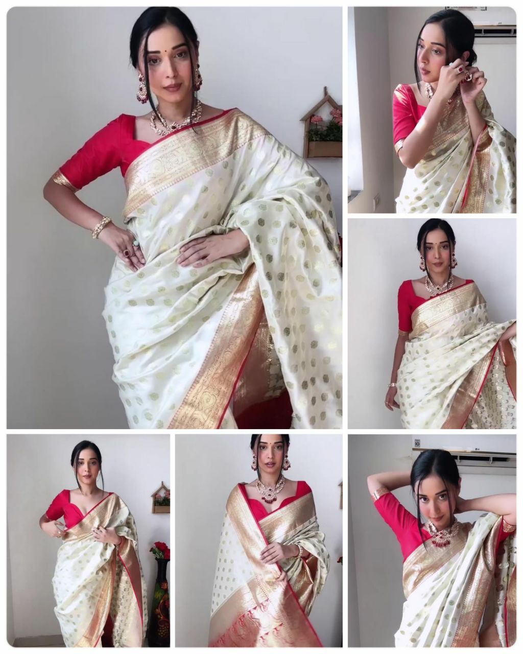 Cream color Pallu & Jacquard Work On All Over The Saree