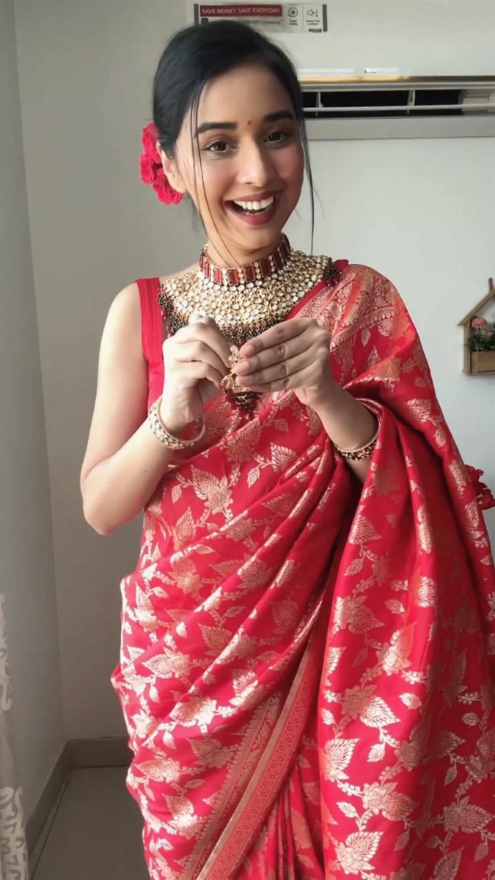 Red color Pallu & Jacquard Work On All Over The Saree