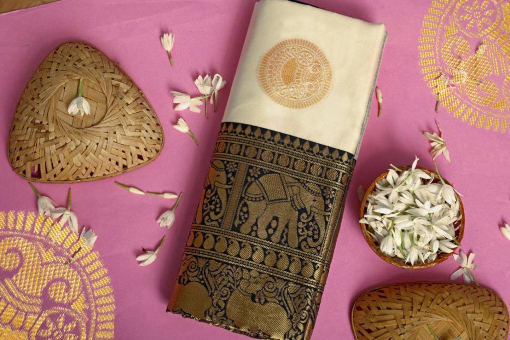 Wedding Wear Cream Jacquard Work Lichi Silk Saree Blouse