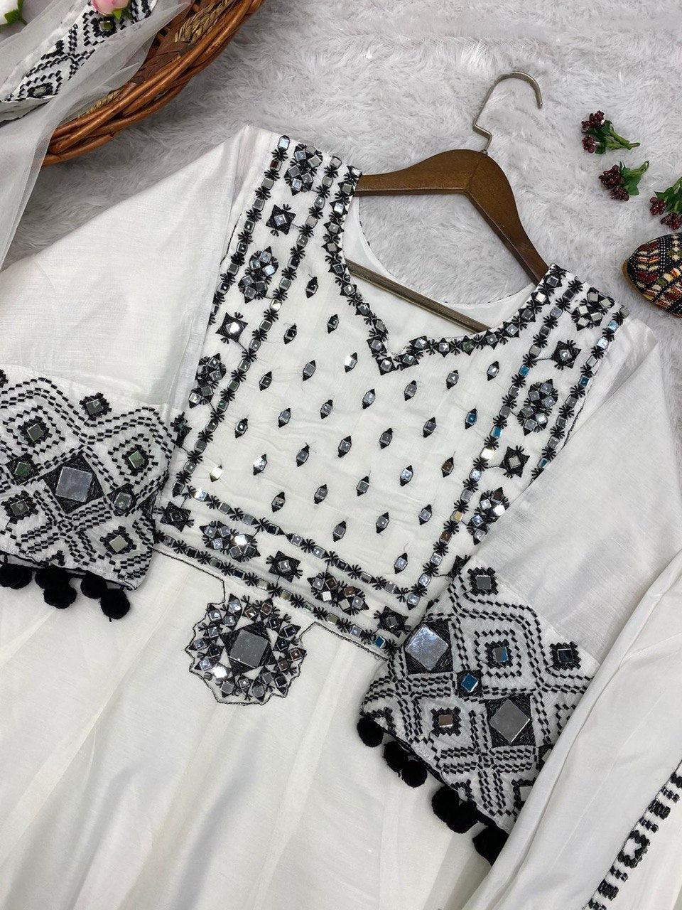 Trending Designer Top Embroidery Real Mirror Work With Dupatta And Dhoti