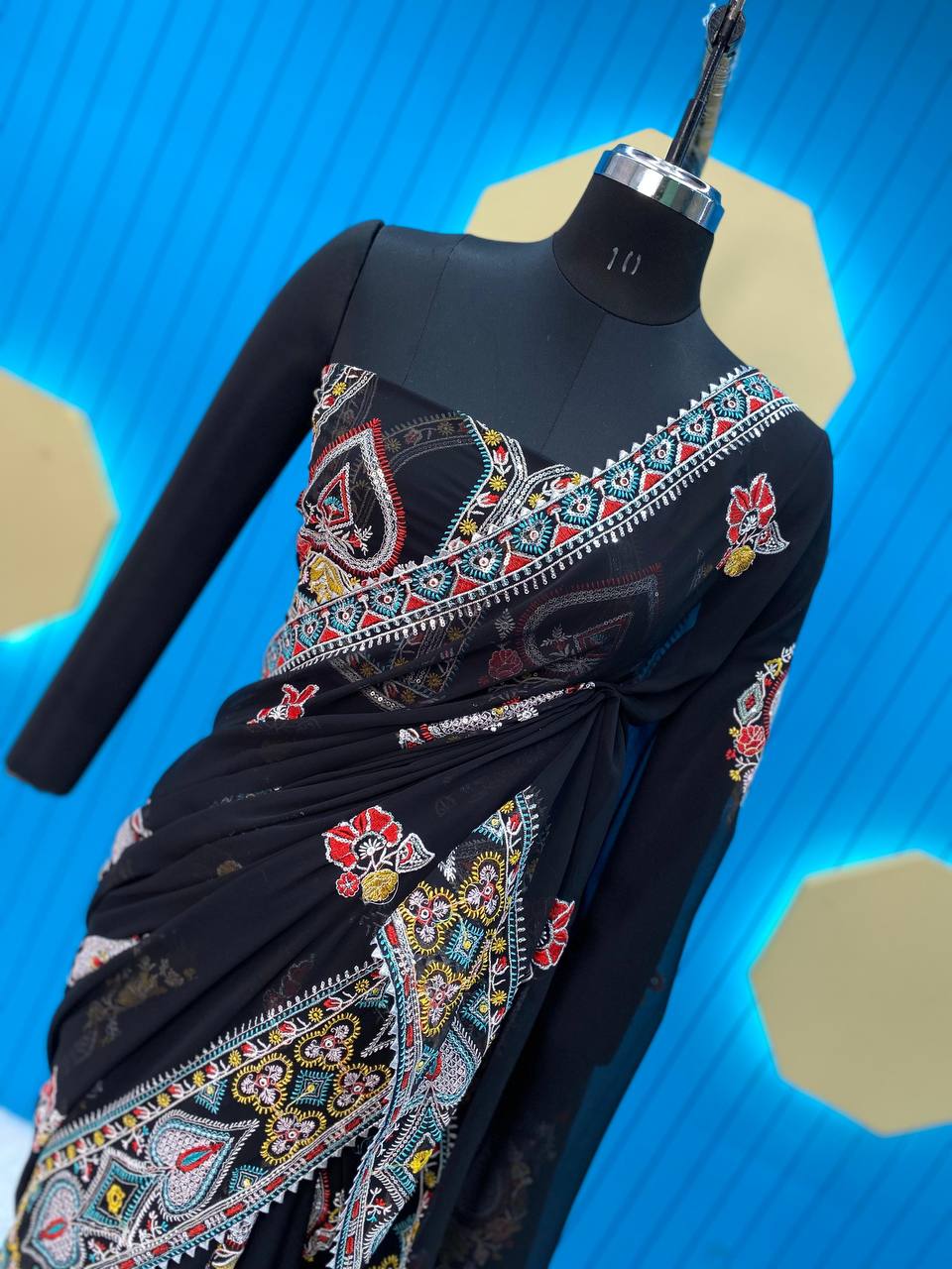 Latest Black Color Georgette Sequence Work Party Wear Saree Blouse