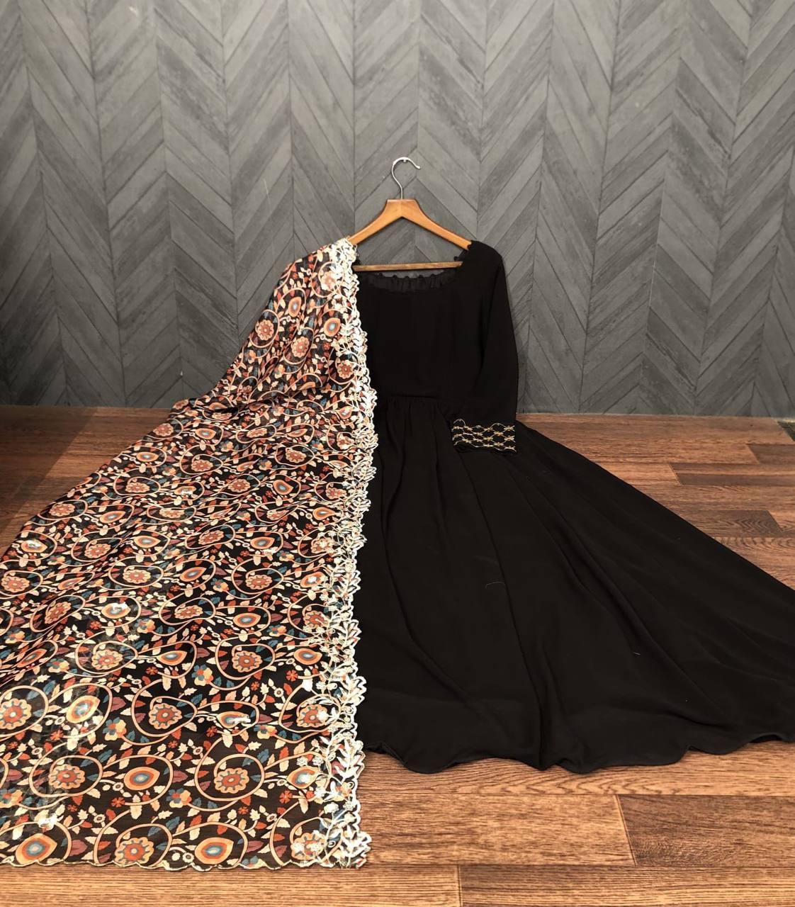 Georgette Plain Anarkali Suit In Black Color With Dupatta
