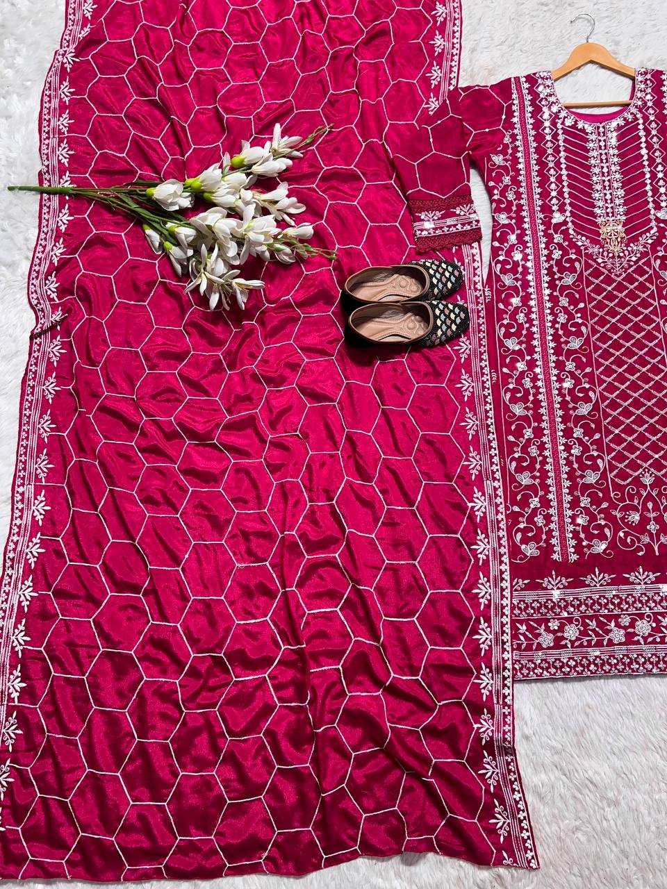 Red Color Wedding Wear Chinna Multi Sequence Work Ready Made Salwar Suit