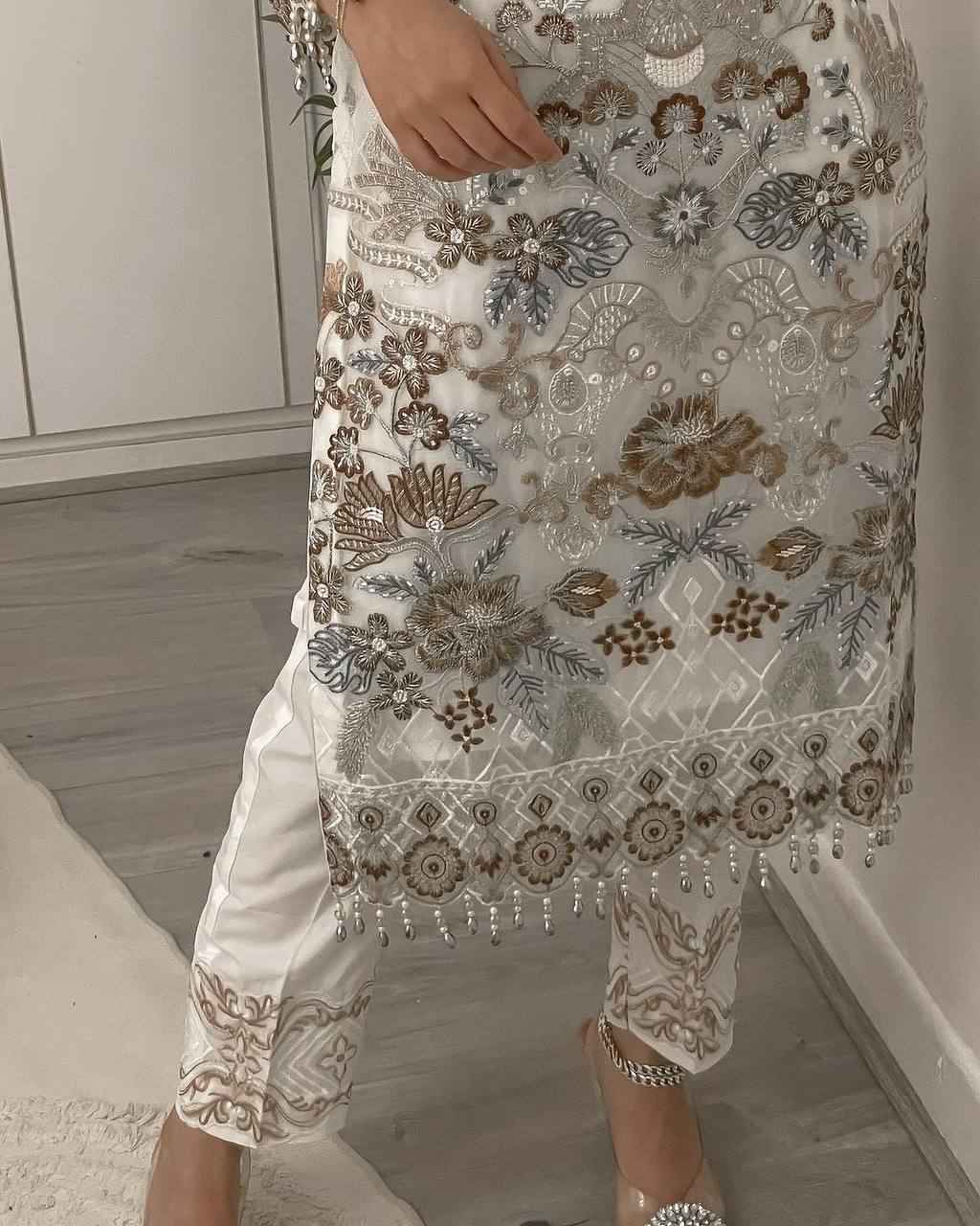 Party Wear White Color Georgette Embroidered Work Ready Made Salwar Suit