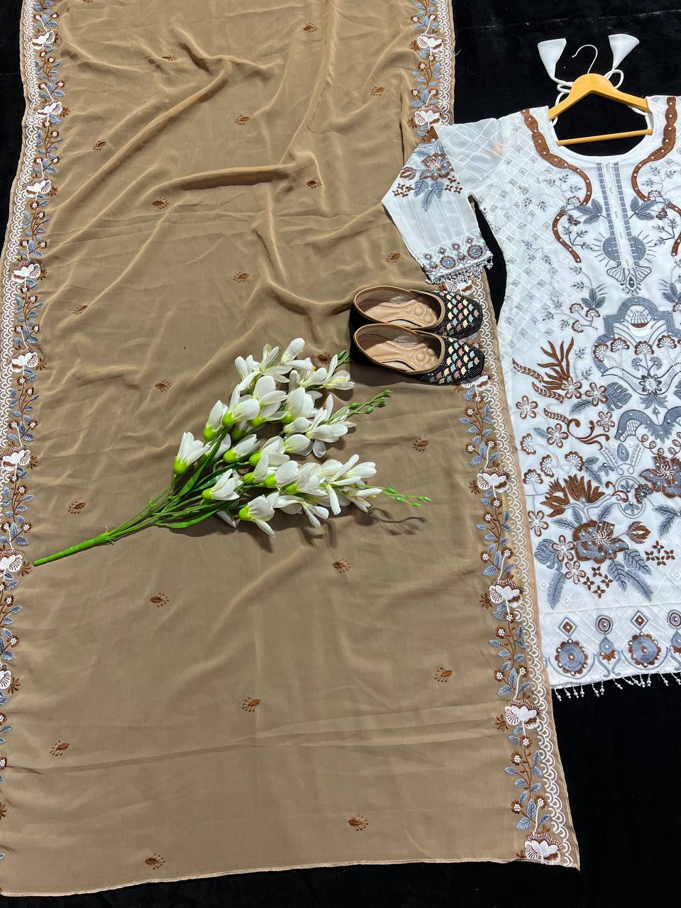Party Wear White Color Georgette Embroidered Work Ready Made Salwar Suit