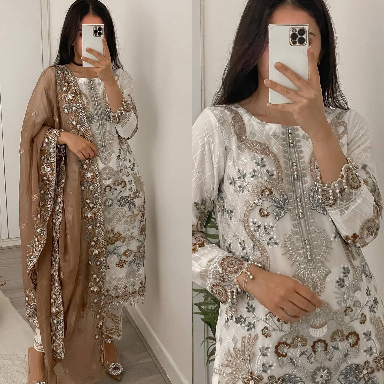 Party Wear White Color Georgette Embroidered Work Ready Made Salwar Suit