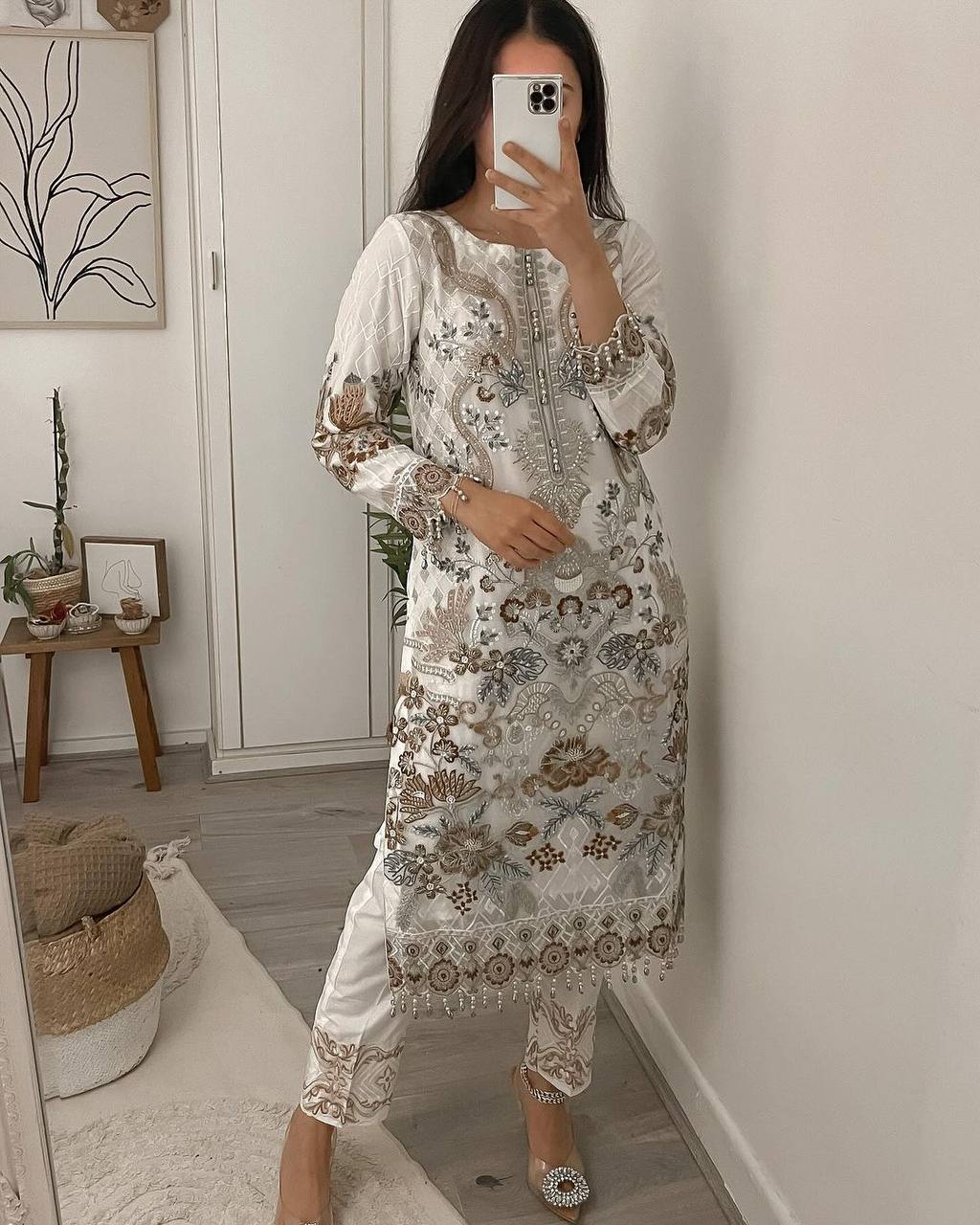 Party Wear White Color Georgette Embroidered Work Ready Made Salwar Suit