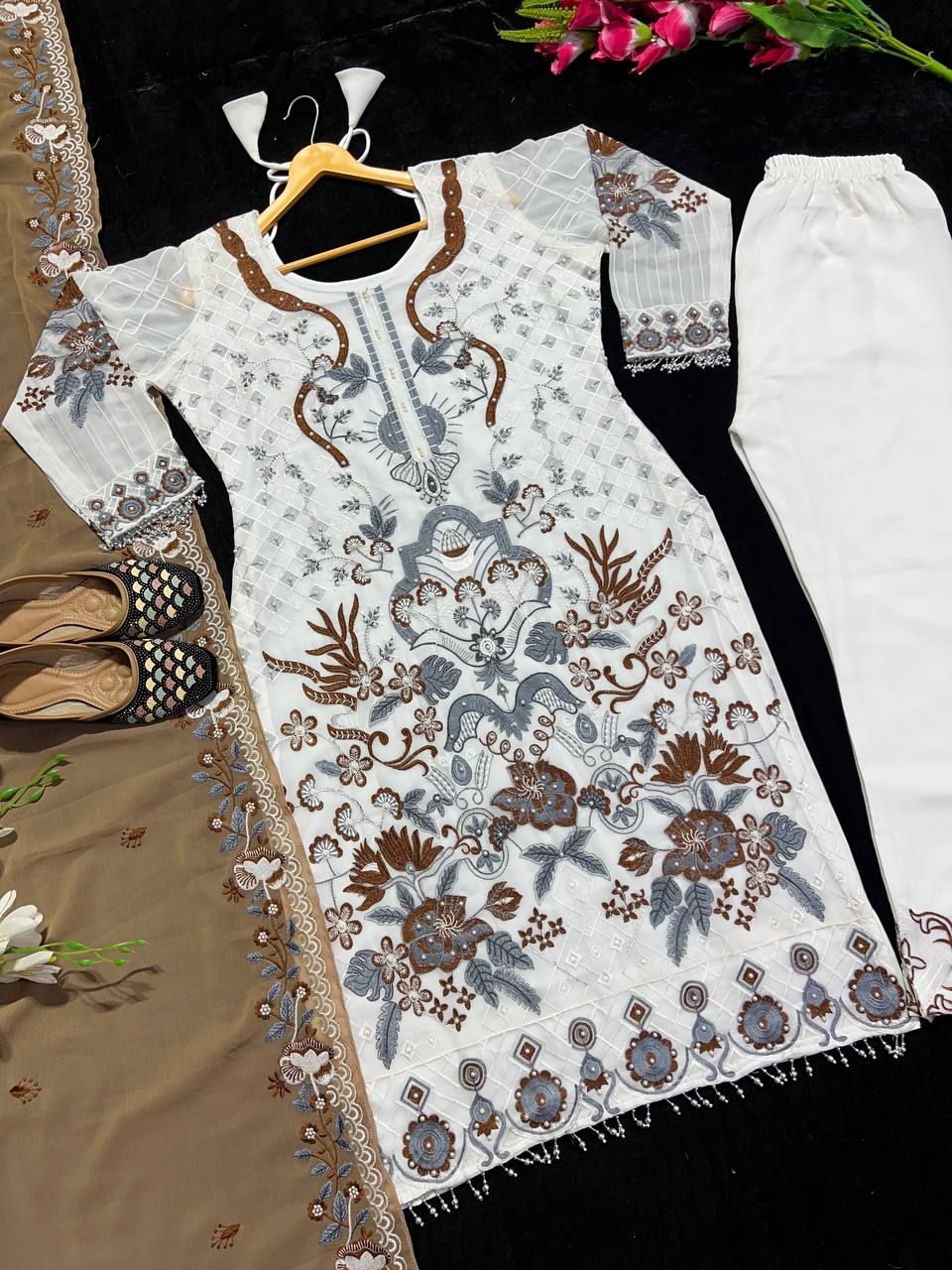 Party Wear White Color Georgette Embroidered Work Ready Made Salwar Suit
