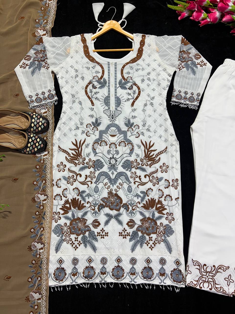 Party Wear White Color Georgette Embroidered Work Ready Made Salwar Suit
