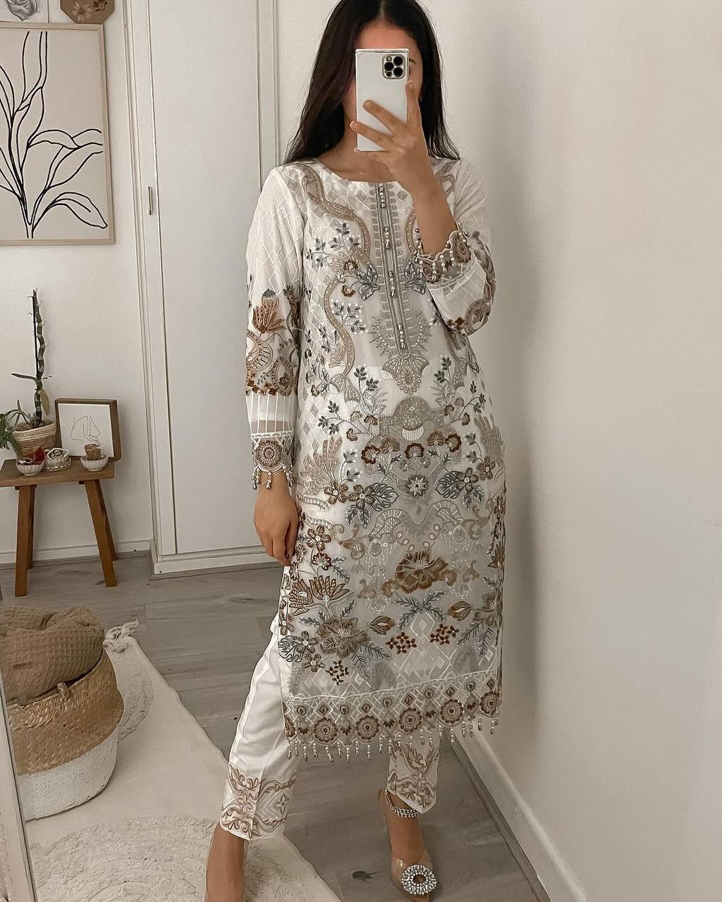 Party Wear White Color Georgette Embroidered Work Ready Made Salwar Suit