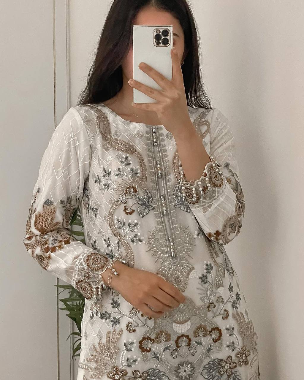 Party Wear White Color Georgette Embroidered Work Ready Made Salwar Suit