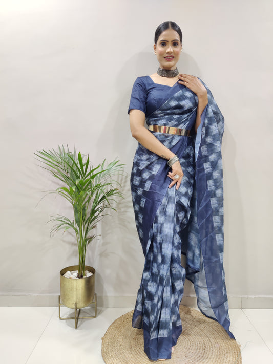 Manga Kota chex with Beautiful Digital printed Saree & Full Stitch Ready to wear Saree