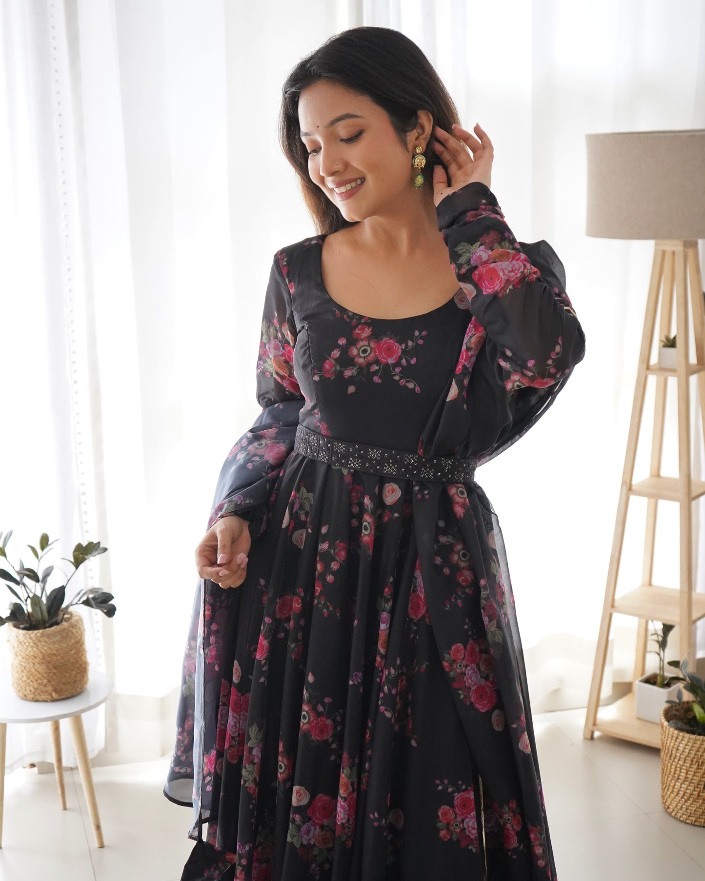 Soft Organza Silk Anarkali Kali Cut Gown Waist Belt Duppta Set Pent Ready To Wear Fully Sttiched