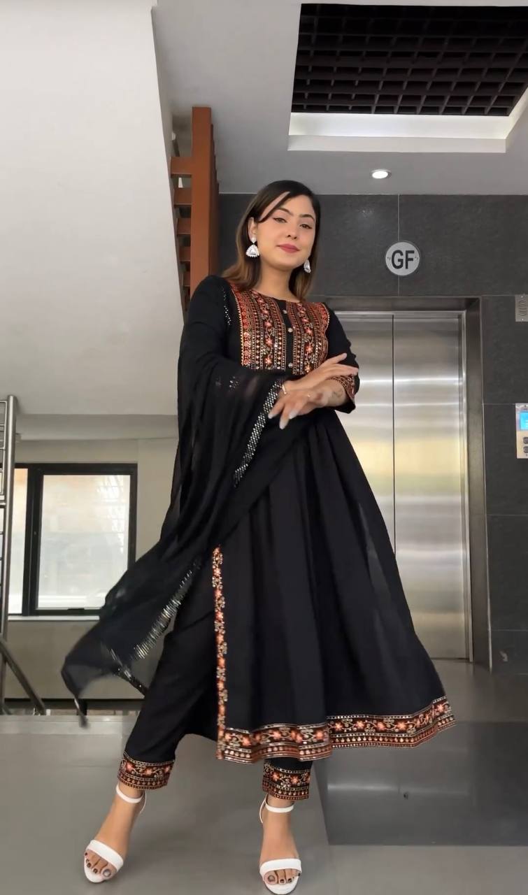 Designer Party Wear Look Black color Nayra Cut Long Top - Dupata & Bottom Set