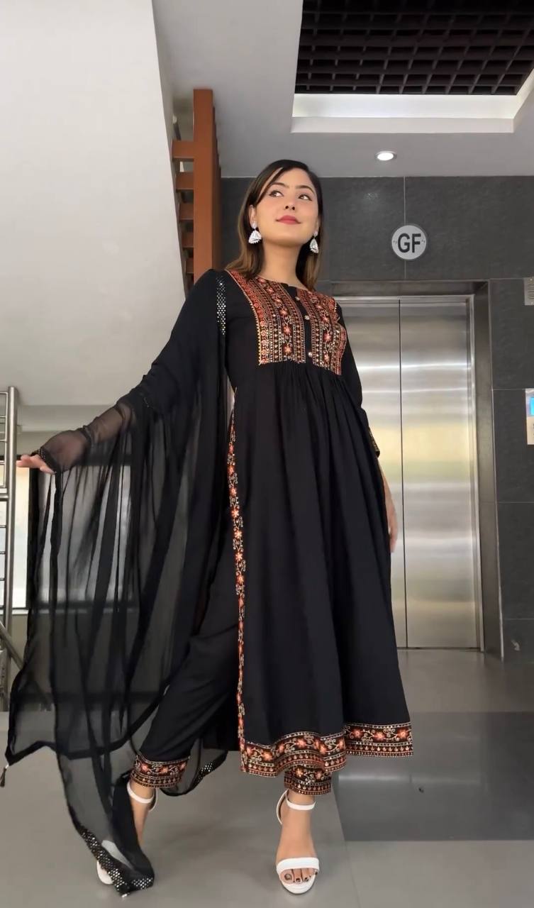 Designer Party Wear Look Black color Nayra Cut Long Top - Dupata & Bottom Set
