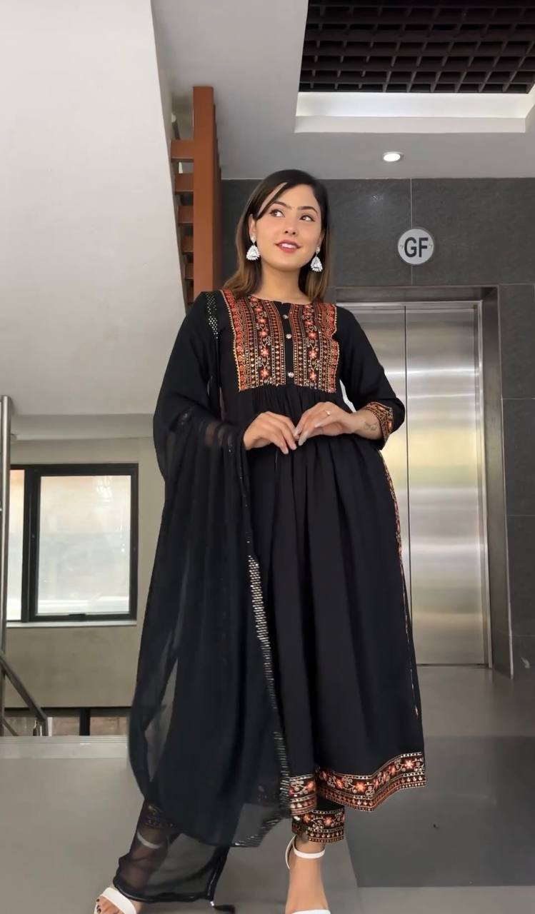 Designer Party Wear Look Black color Nayra Cut Long Top - Dupata & Bottom Set
