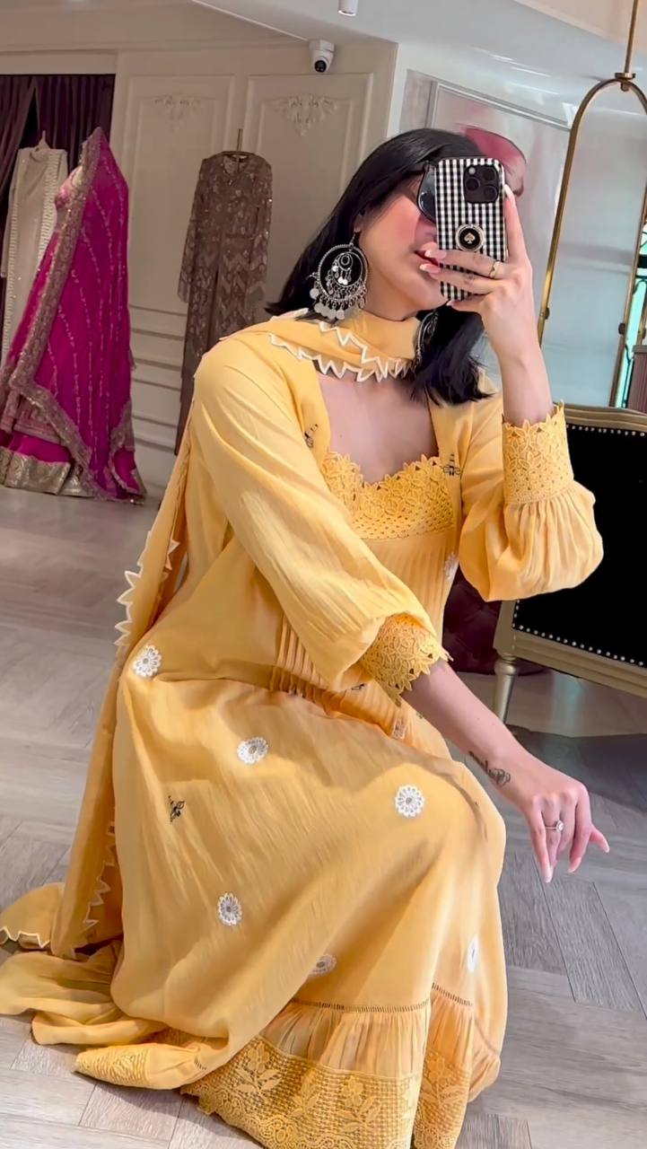 Designer Party Wear Look Yellow color Gown With Palazzo & Dupatta Set
